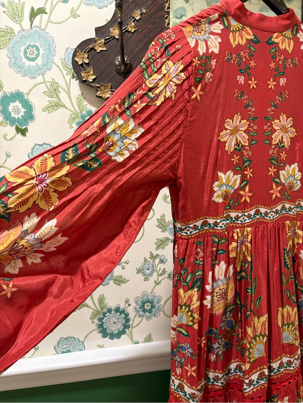 FARM Rio Red Garden Delight Long Sleeve Midi Dress | Boho Floral | Medium - Picture 5 of 6
